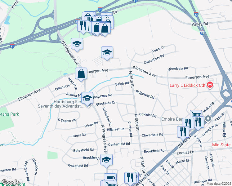 map of restaurants, bars, coffee shops, grocery stores, and more near 3504 Ridgeway Road in Harrisburg