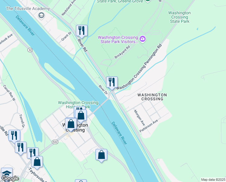map of restaurants, bars, coffee shops, grocery stores, and more near River Road & Washington Crossing Pennington Road in Hopewell Township