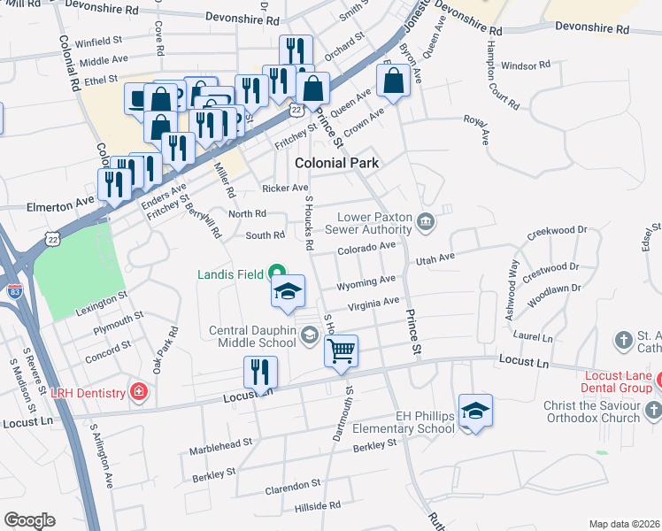 map of restaurants, bars, coffee shops, grocery stores, and more near 4902 Colorado Avenue in Harrisburg