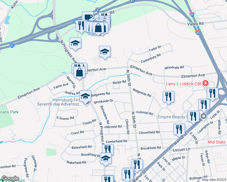 map of restaurants, bars, coffee shops, grocery stores, and more near 3504 Ridgeway Road in Harrisburg