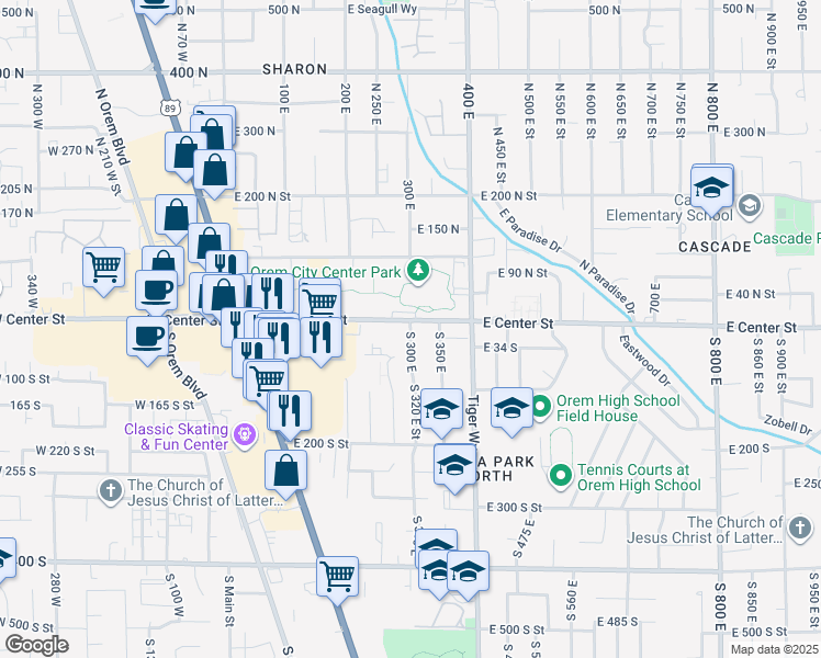 map of restaurants, bars, coffee shops, grocery stores, and more near 18 South 300 East Street in Orem