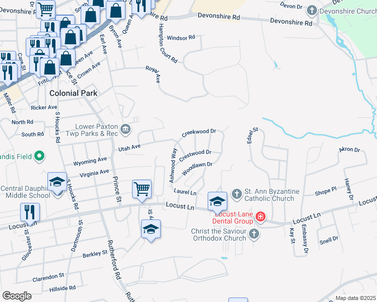 map of restaurants, bars, coffee shops, grocery stores, and more near 5212 Crestwood Drive in Harrisburg