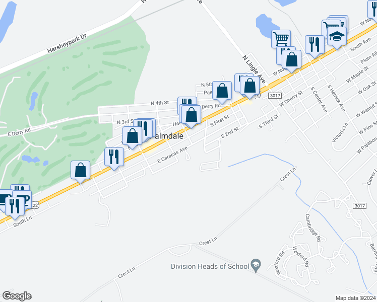 map of restaurants, bars, coffee shops, grocery stores, and more near 271 Hemlock Court in Hershey