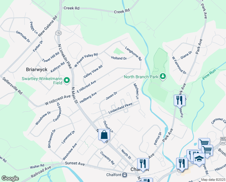 map of restaurants, bars, coffee shops, grocery stores, and more near 63 Jasen Drive in Chalfont