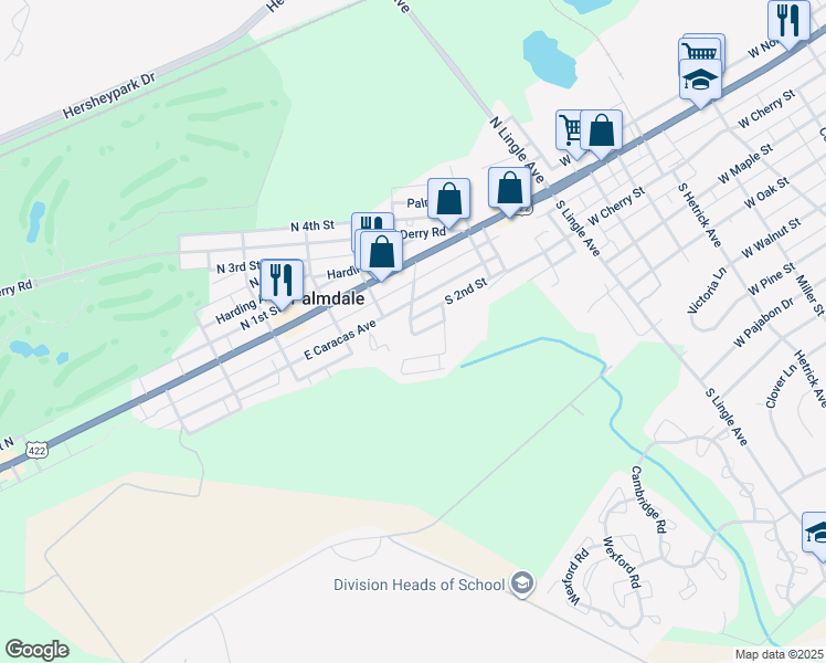 map of restaurants, bars, coffee shops, grocery stores, and more near 1 Skyview Drive in Hershey