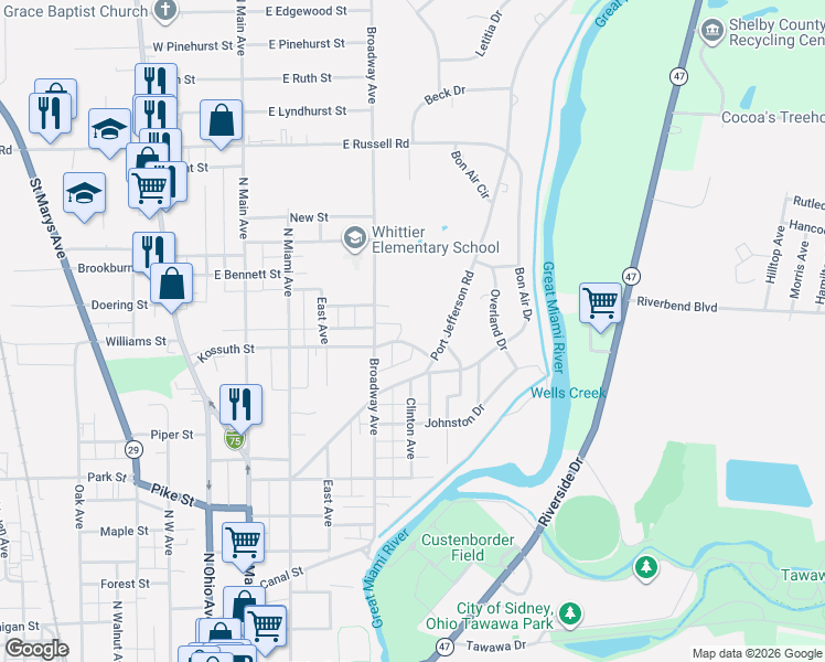 map of restaurants, bars, coffee shops, grocery stores, and more near Summit Street in Sidney