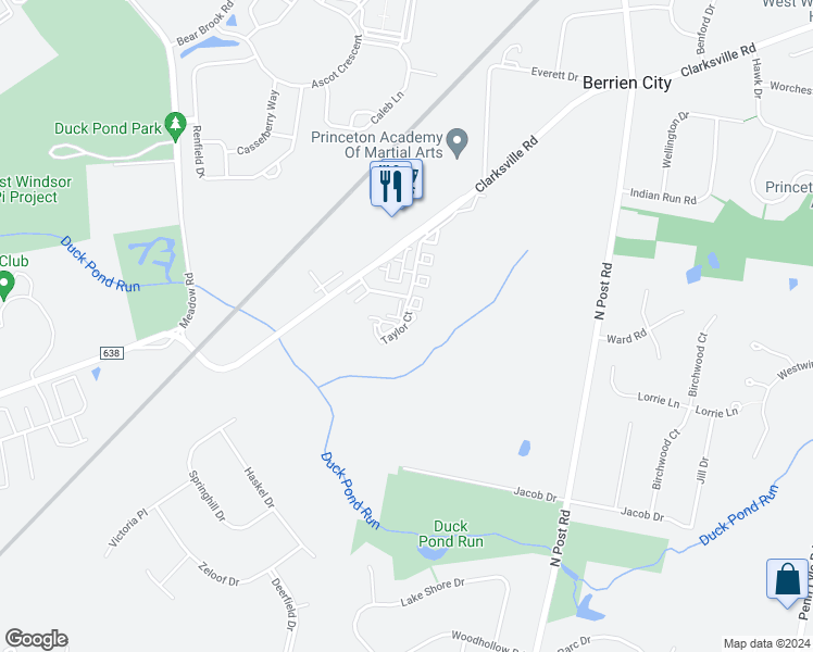 map of restaurants, bars, coffee shops, grocery stores, and more near 12406 Taylor Court in West Windsor Township