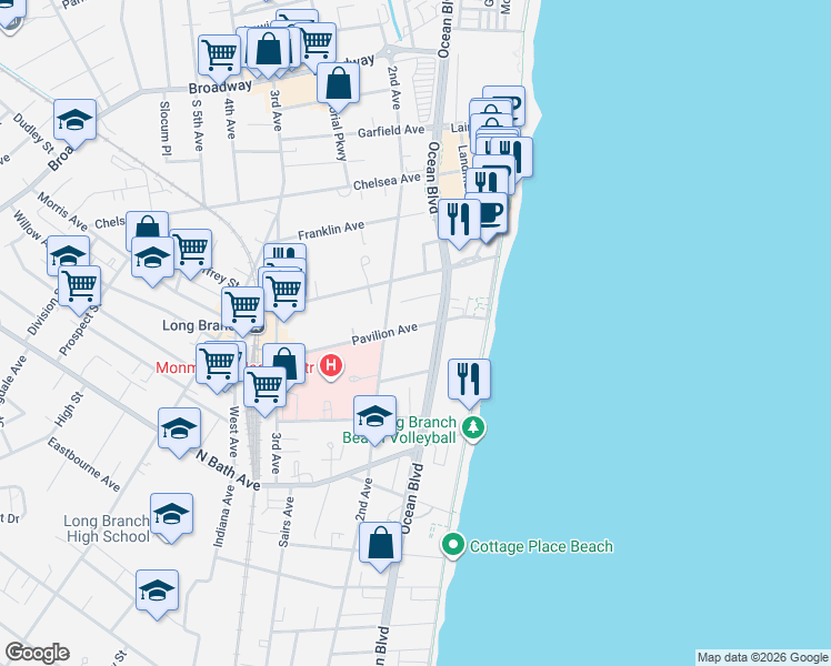 map of restaurants, bars, coffee shops, grocery stores, and more near 47 Pavilion Avenue in Long Branch