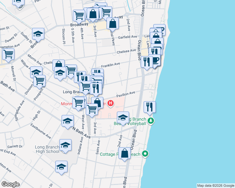 map of restaurants, bars, coffee shops, grocery stores, and more near 130 Morris Avenue in Long Branch