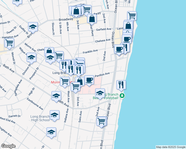 map of restaurants, bars, coffee shops, grocery stores, and more near 123 Pavilion Avenue in Long Branch