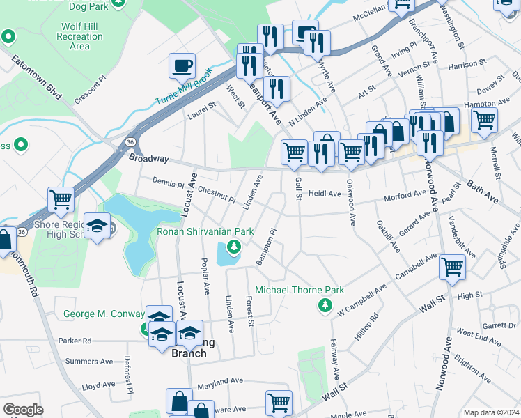 map of restaurants, bars, coffee shops, grocery stores, and more near 5 Forest Street in West Long Branch