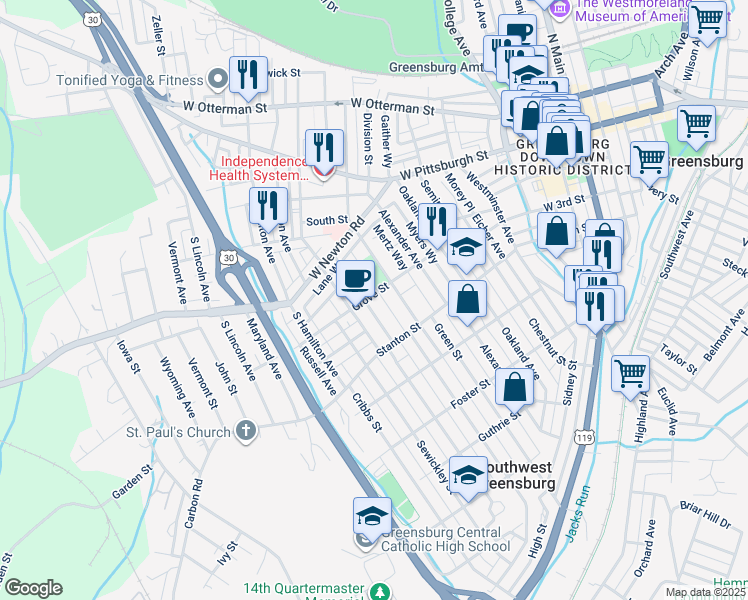 map of restaurants, bars, coffee shops, grocery stores, and more near 534 Grove Street in Greensburg