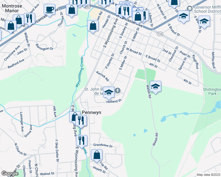 map of restaurants, bars, coffee shops, grocery stores, and more near 349 South Miller Street in Shillington