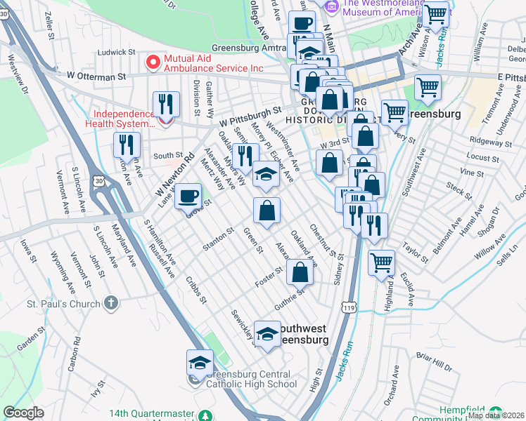 map of restaurants, bars, coffee shops, grocery stores, and more near 324 Oakland Avenue in Greensburg