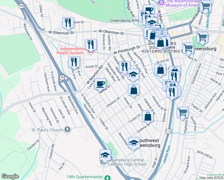 map of restaurants, bars, coffee shops, grocery stores, and more near 534 Grove Street in Greensburg