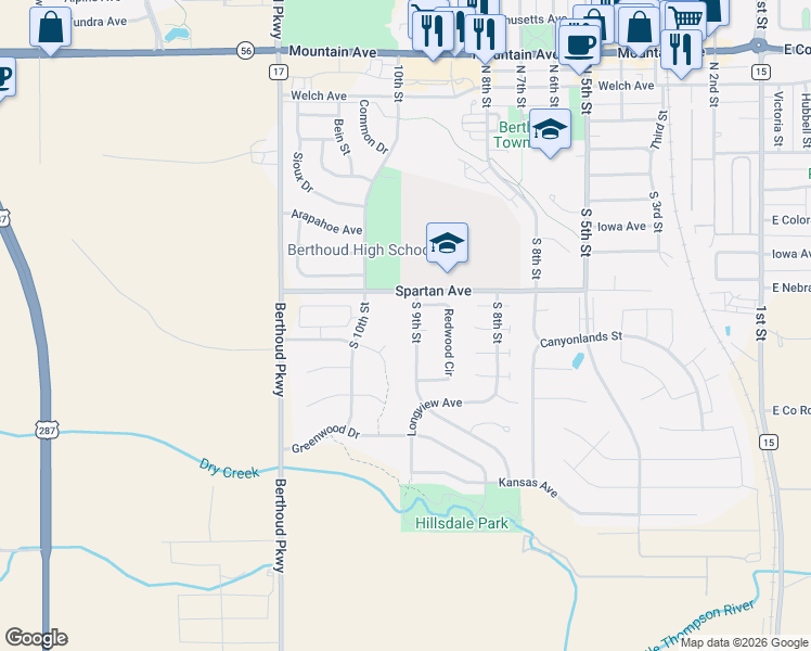 map of restaurants, bars, coffee shops, grocery stores, and more near 505 South 9th Street in Berthoud