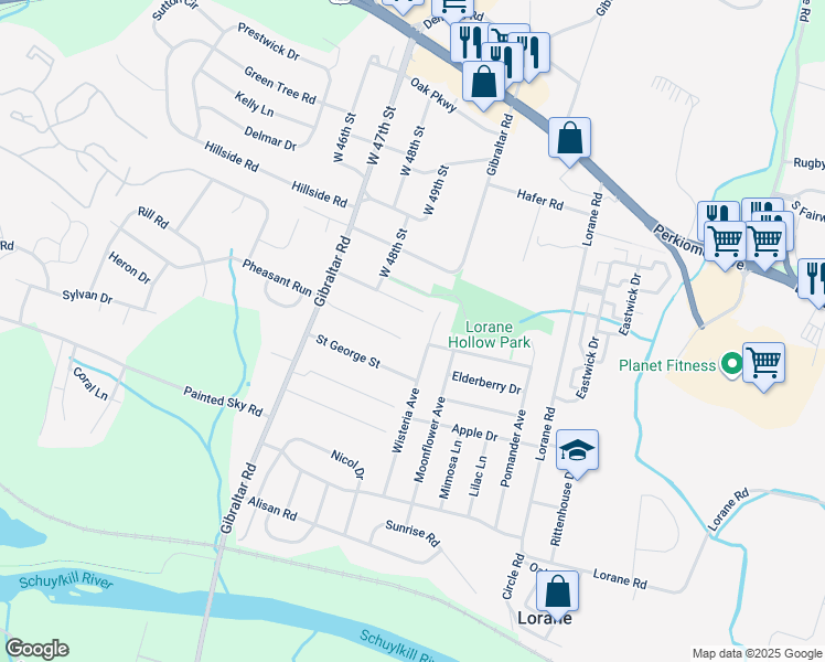 map of restaurants, bars, coffee shops, grocery stores, and more near 4725 Ryan Court in Reading