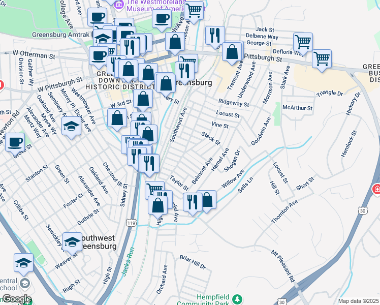 map of restaurants, bars, coffee shops, grocery stores, and more near 540 Tremont Avenue in Greensburg