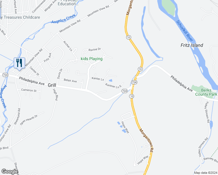 map of restaurants, bars, coffee shops, grocery stores, and more near 20 Kantner Lane South in Reading