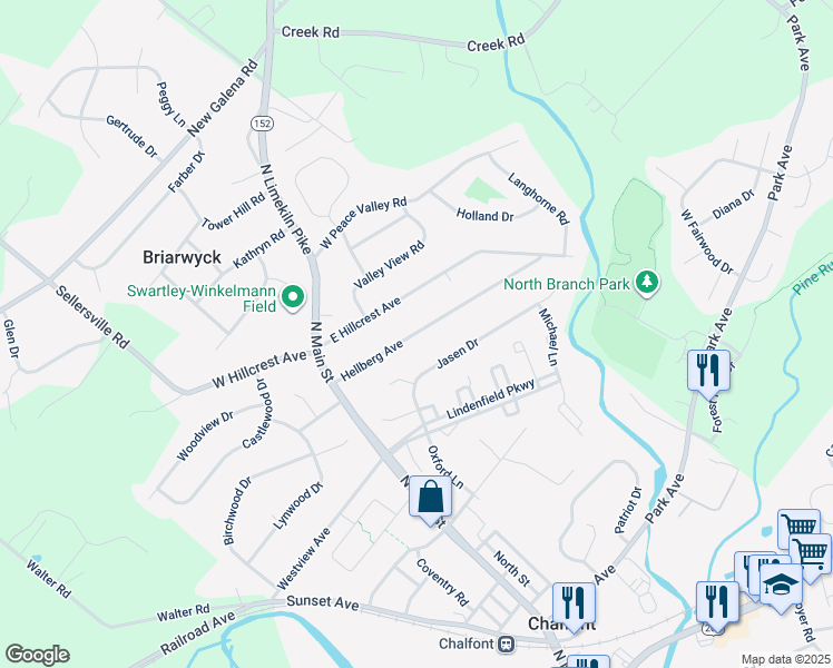 map of restaurants, bars, coffee shops, grocery stores, and more near 80 Hellberg Avenue in Chalfont