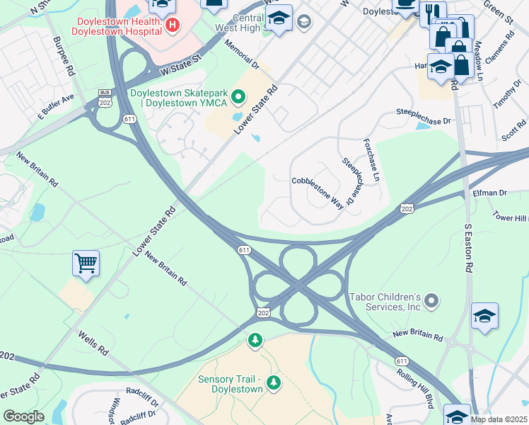 map of restaurants, bars, coffee shops, grocery stores, and more near 235 Tether Way in Doylestown