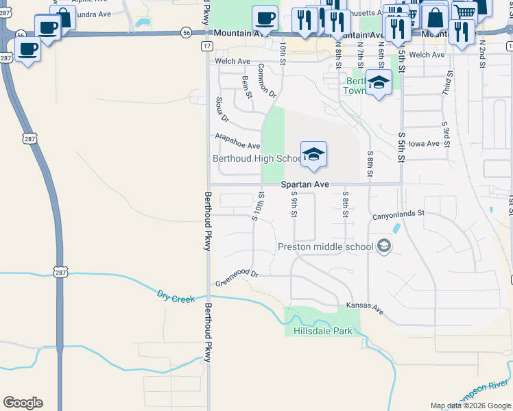 map of restaurants, bars, coffee shops, grocery stores, and more near 411 Cheyenne Drive in Berthoud