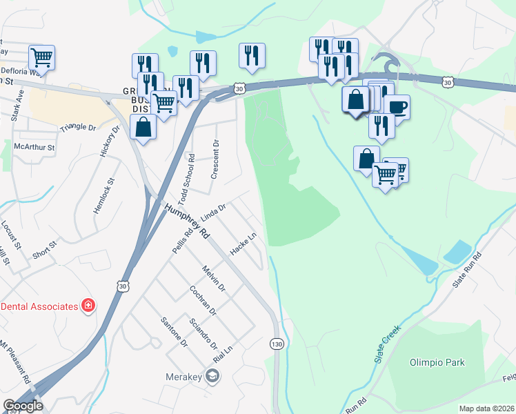 map of restaurants, bars, coffee shops, grocery stores, and more near 515 Stone Villa Court in Greensburg