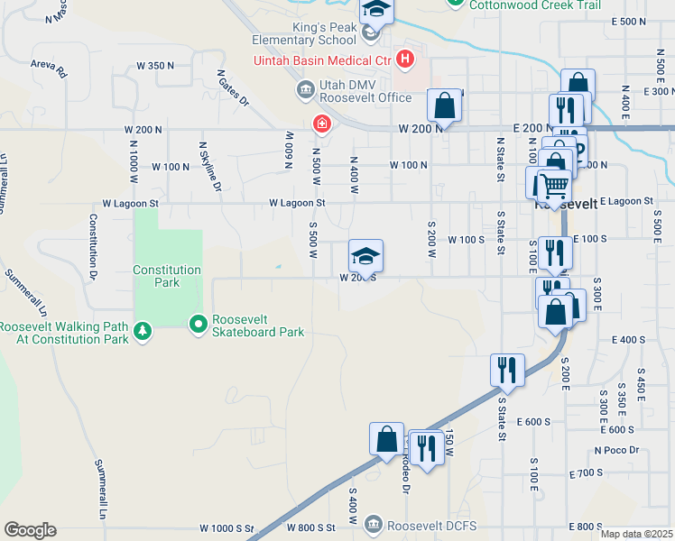 map of restaurants, bars, coffee shops, grocery stores, and more near 193 South Nye Street in Roosevelt