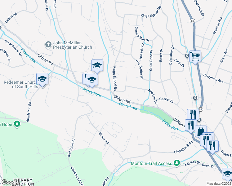 map of restaurants, bars, coffee shops, grocery stores, and more near 6195 Kings School Road in Bethel Park