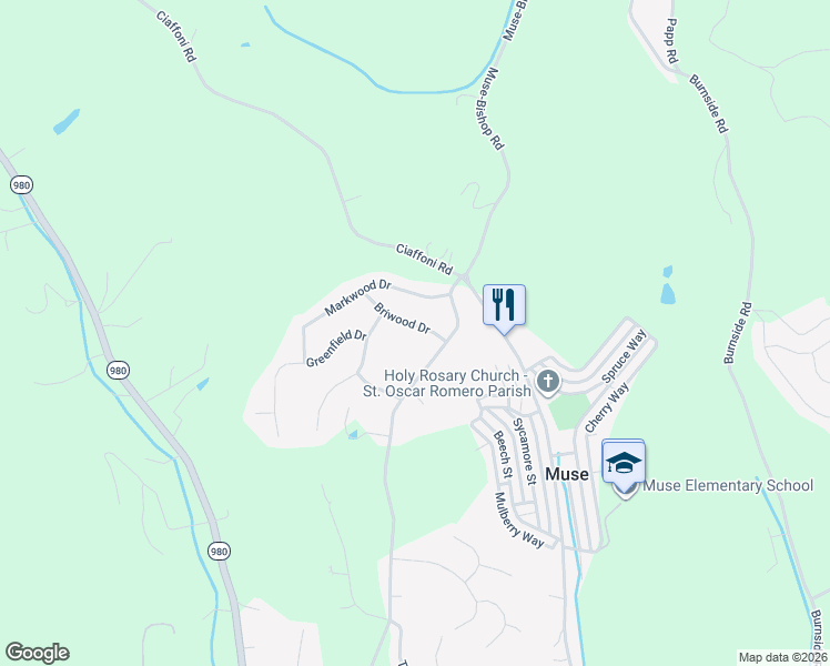 map of restaurants, bars, coffee shops, grocery stores, and more near 119 Briwood Drive in Canonsburg