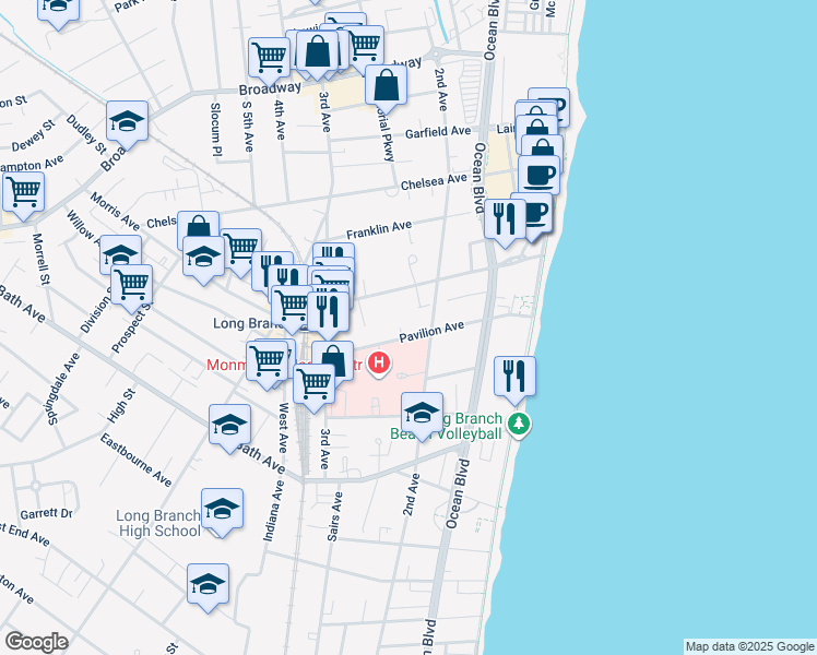 map of restaurants, bars, coffee shops, grocery stores, and more near 130 Morris Avenue in Long Branch