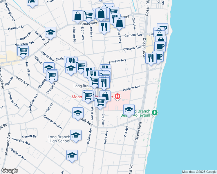 map of restaurants, bars, coffee shops, grocery stores, and more near 201 3rd Avenue in Long Branch