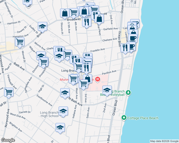 map of restaurants, bars, coffee shops, grocery stores, and more near 201 3rd Avenue in Long Branch