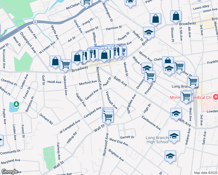 map of restaurants, bars, coffee shops, grocery stores, and more near 65 Pearl Street in Long Branch