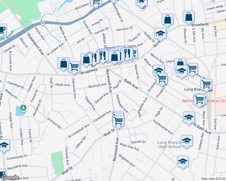map of restaurants, bars, coffee shops, grocery stores, and more near 63 Norwood Avenue in Long Branch