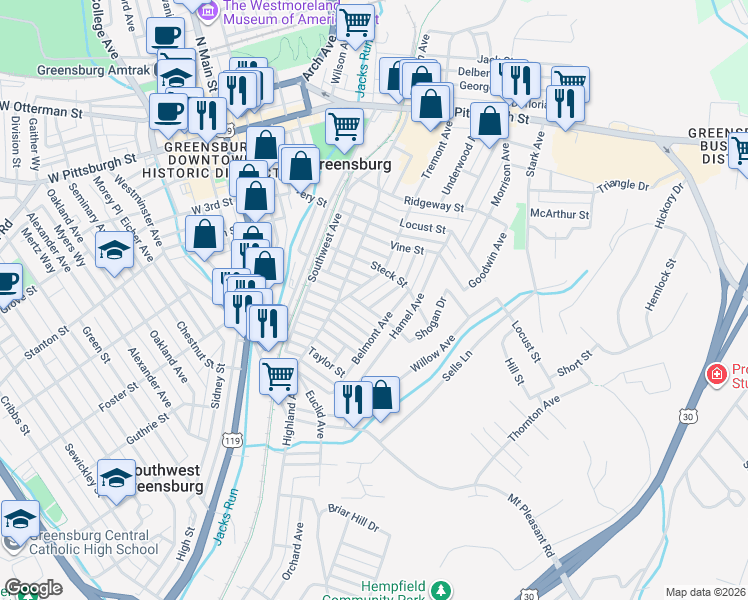 map of restaurants, bars, coffee shops, grocery stores, and more near 509 Tremont Avenue in Greensburg