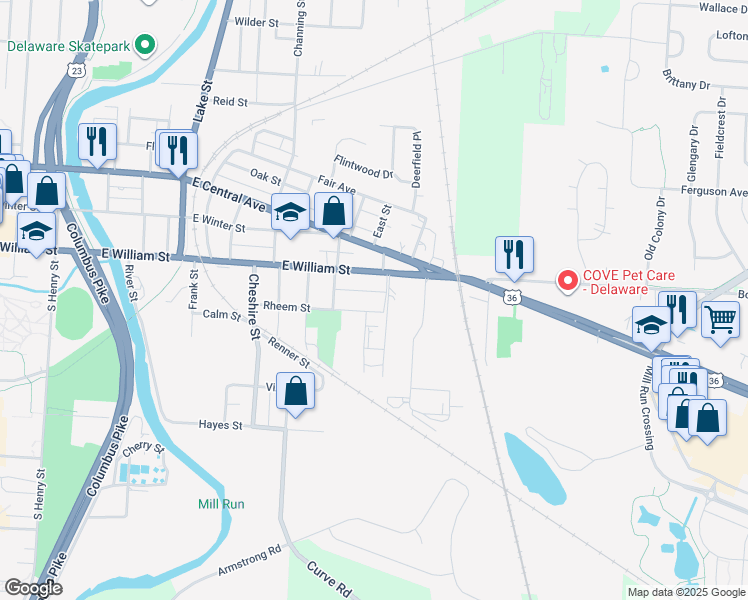 map of restaurants, bars, coffee shops, grocery stores, and more near 370 East William Street in Delaware
