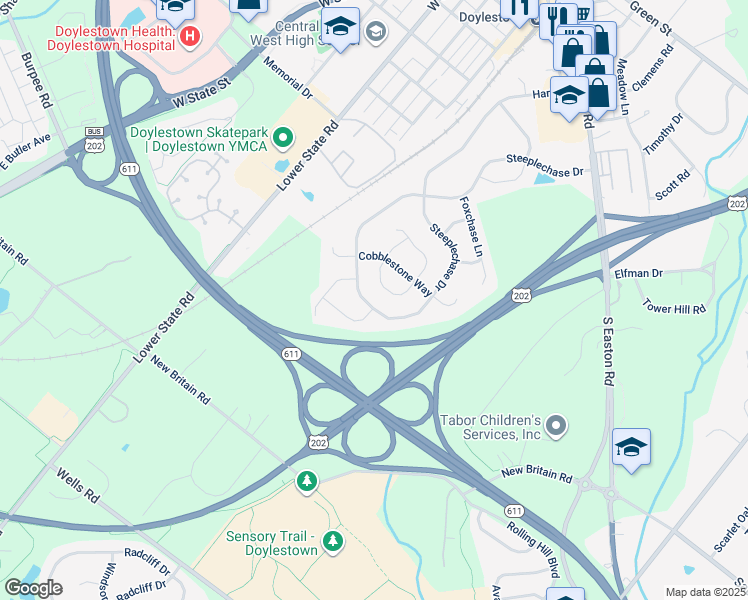 map of restaurants, bars, coffee shops, grocery stores, and more near 85 Steeplechase Drive in Doylestown