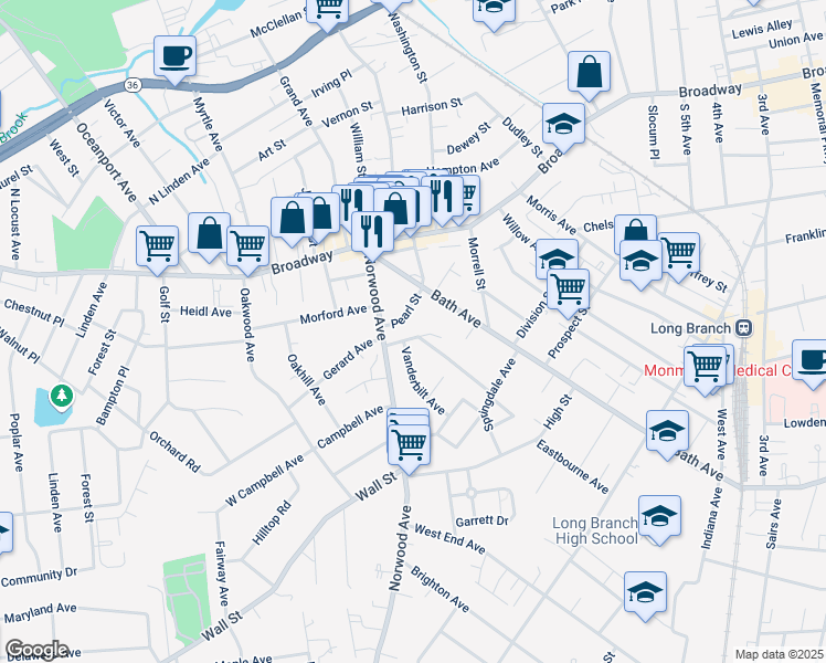 map of restaurants, bars, coffee shops, grocery stores, and more near 65 Pearl Street in Long Branch