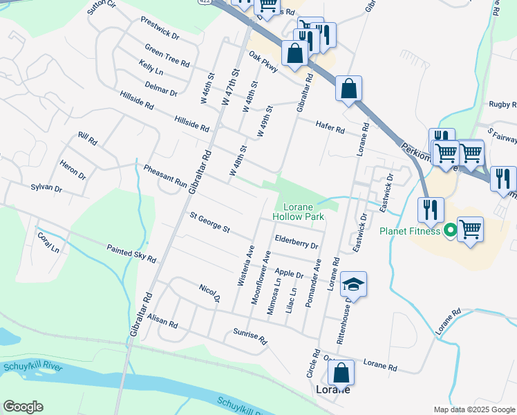 map of restaurants, bars, coffee shops, grocery stores, and more near 360 Wisteria Avenue in Reading