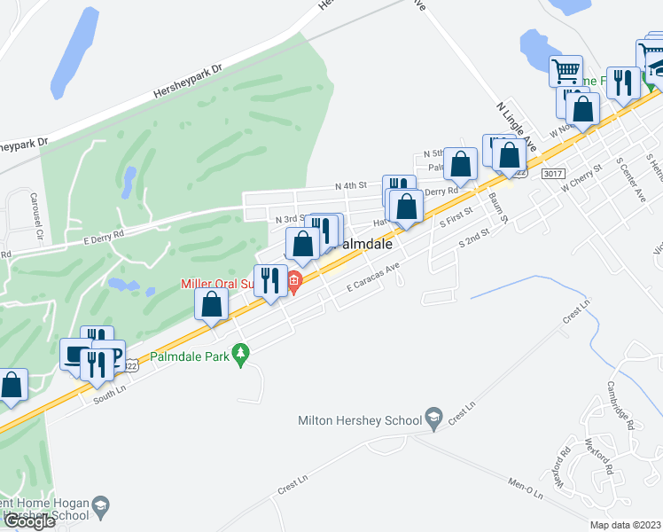 map of restaurants, bars, coffee shops, grocery stores, and more near 1316 East Chocolate Avenue in Hershey