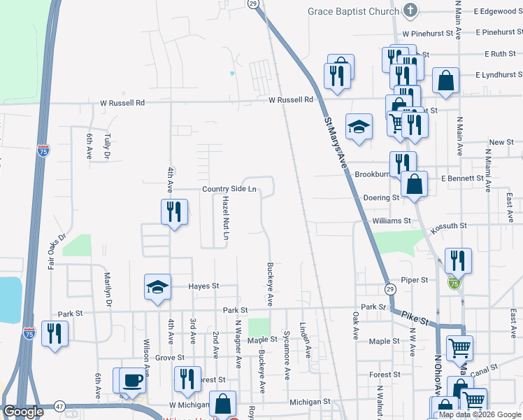 map of restaurants, bars, coffee shops, grocery stores, and more near 716 Country Side Lane in Sidney