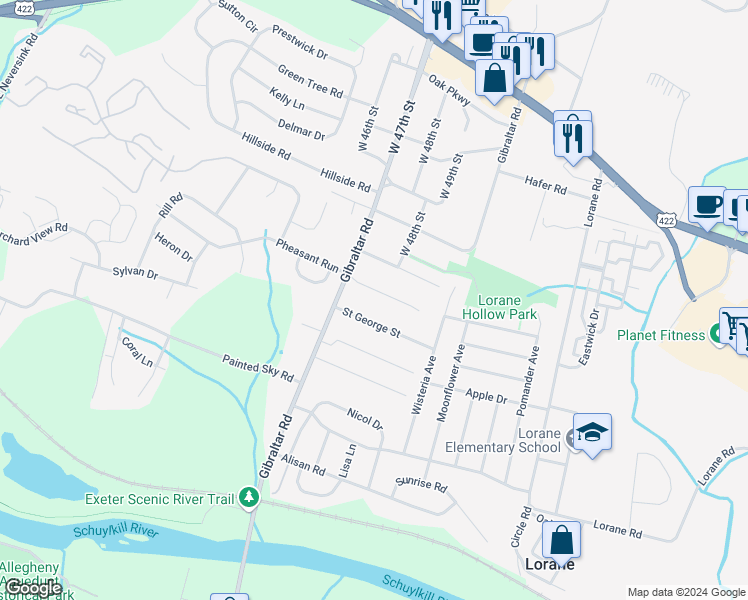 map of restaurants, bars, coffee shops, grocery stores, and more near 4708 Ryan Court in Reading