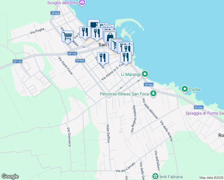 map of restaurants, bars, coffee shops, grocery stores, and more near 52 Via Martiri Belfiore in San Foca