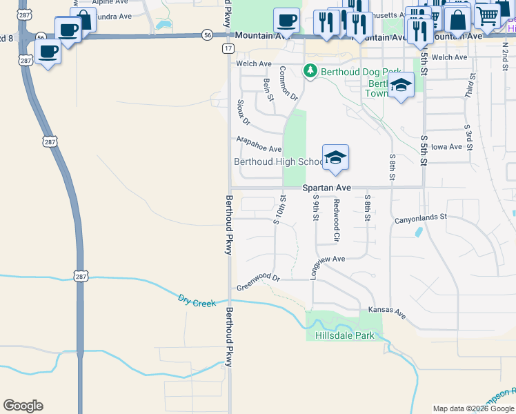 map of restaurants, bars, coffee shops, grocery stores, and more near 403 Cheyenne Drive in Berthoud