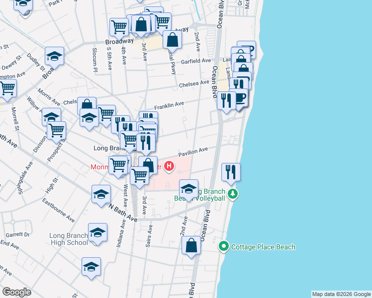 map of restaurants, bars, coffee shops, grocery stores, and more near 130 Morris Avenue in Long Branch