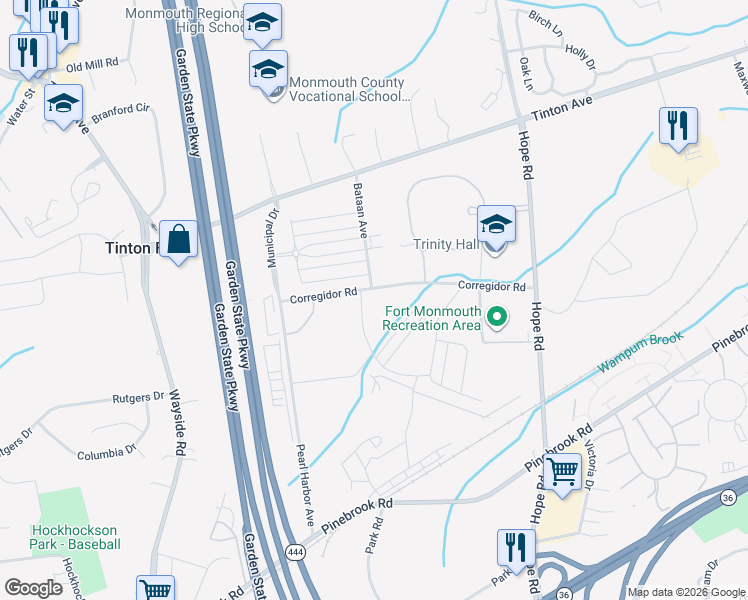 map of restaurants, bars, coffee shops, grocery stores, and more near 46 Kelly Way in Tinton Falls