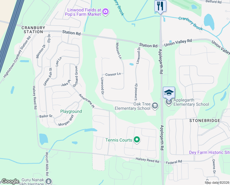 map of restaurants, bars, coffee shops, grocery stores, and more near 22 Whitson Lane in Monroe Township