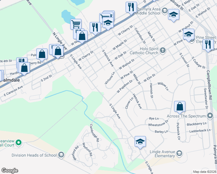 map of restaurants, bars, coffee shops, grocery stores, and more near 845 Victoria Lane in Palmyra