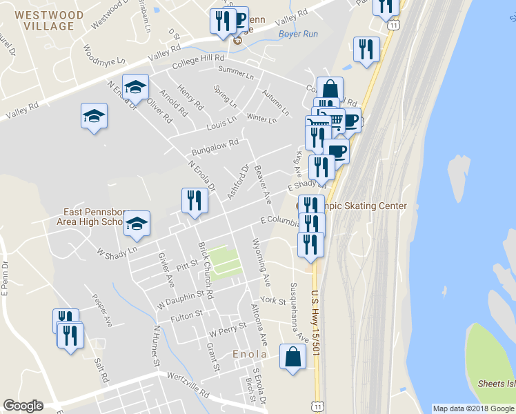 map of restaurants, bars, coffee shops, grocery stores, and more near 112 East Shady Lane in Enola